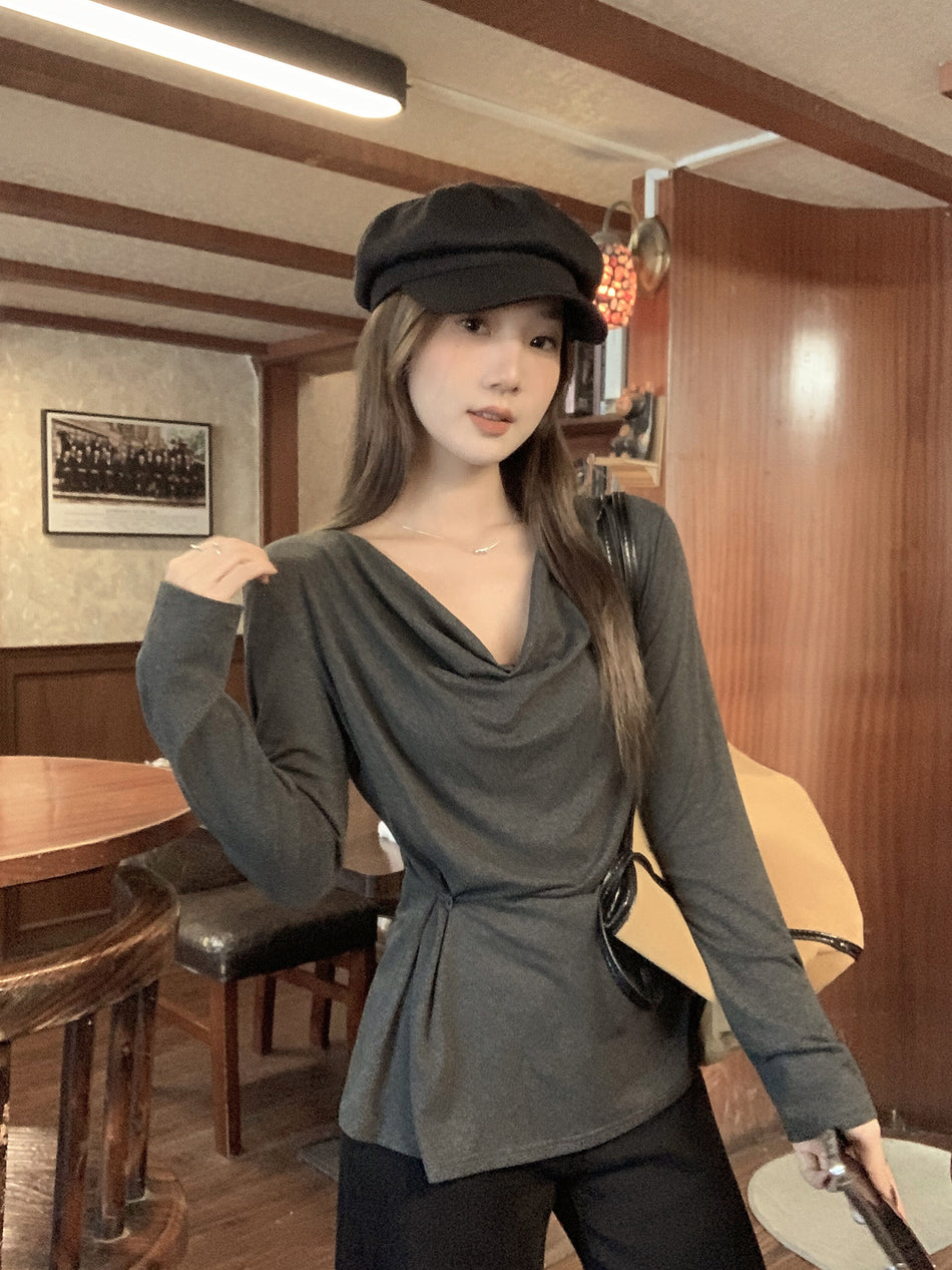 2026 Autumn Gray Korean "Lazy Style" Top: Off-Shoulder Pleated Long-Sleeve T-Shirt 🩶☁️