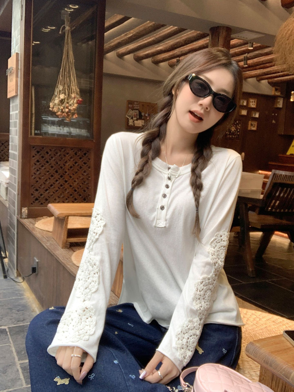 2026 Early Autumn Lazy Style Heavy Embroidery Top: Hollow-Out Button-Up Loose T-Shirt 🍂✨