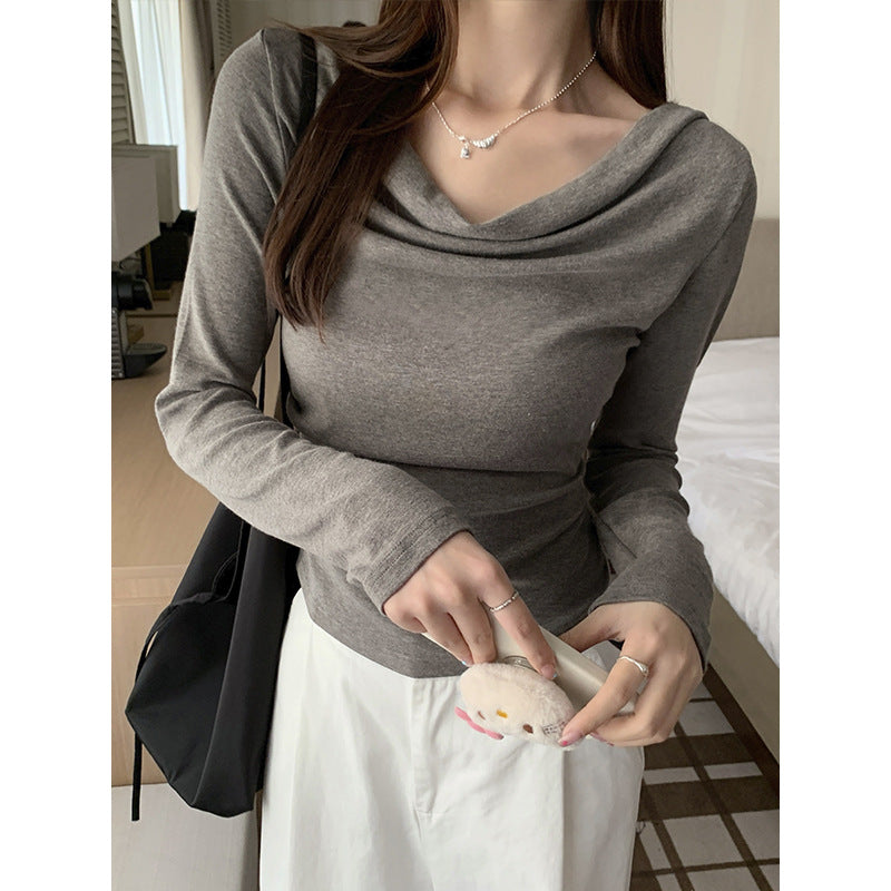 2026 Autumn French Style "Flower Grey" Top: Pure Desire Oblique Shoulder Slim Base Shirt 🩶🌸