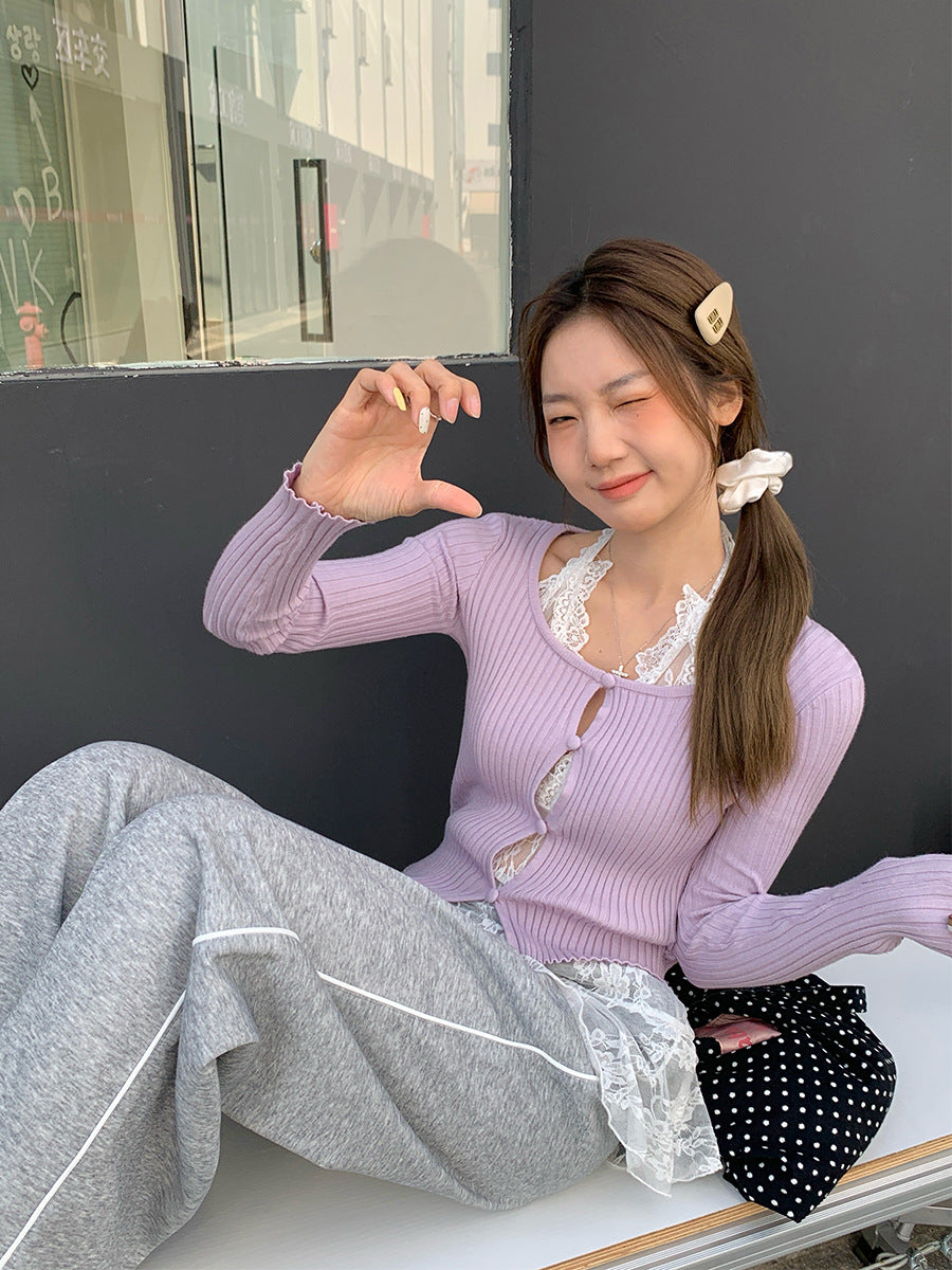 2026 Spring Korean Purple Hollow-Knit Cardigan: Slim-Fit Low Round Neck Inner Top 💜✨