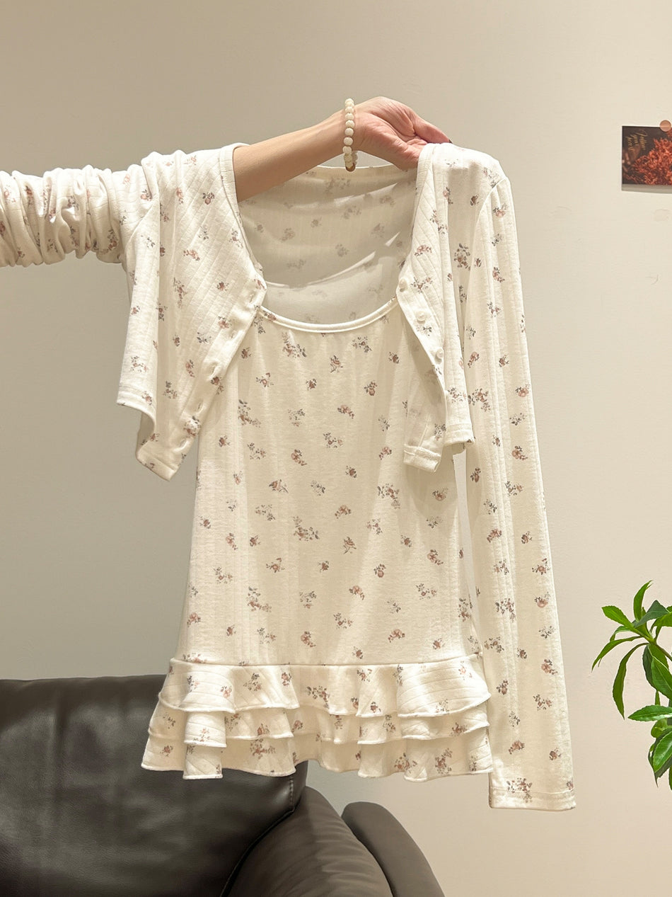 2026 Spring/Autumn Gentle Wind Two-Piece: Floral Stacked T-Shirt & Soft Glutinous Ruffled Camisole 🌸✨