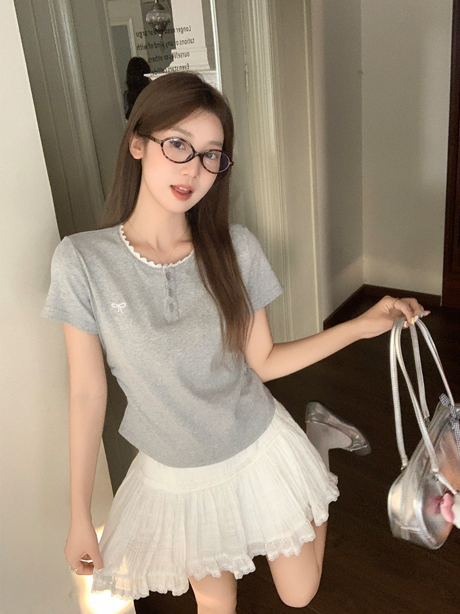 2026 Summer Korean "Niche Fashion" Top: Lace-Stitched Embroidered Bow Pleated T-Shirt 🎀✨