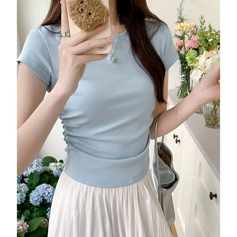 2026 "Dopamine Blue" Summer Top: Light Blue Ruched Waist Slimming Flutter Sleeve Tee 🦋✨