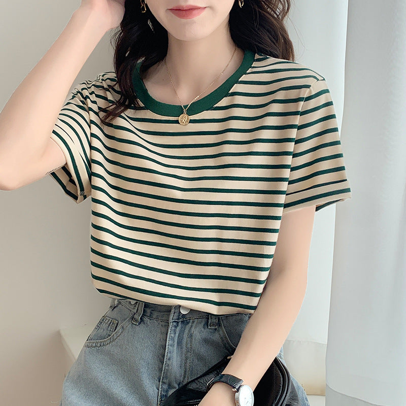 2026 Summer "Fresh Green" Striped Top: Loose Round Neck Niche Design T-Shirt