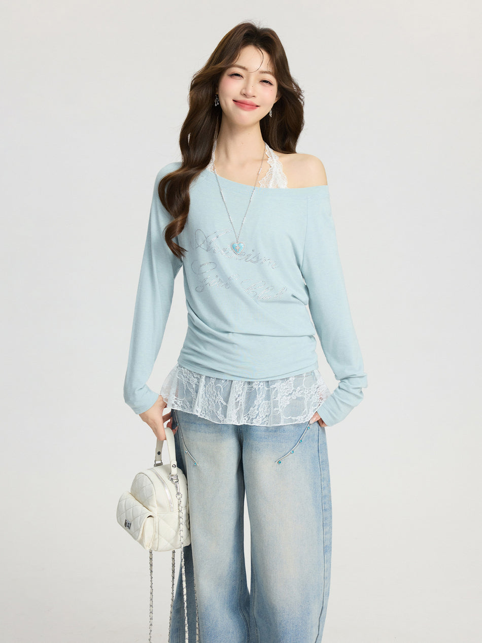2026 Spring "Super Beautiful" Rhinestone Top: Exposed Shoulder Loose Lazy Slimming Tee