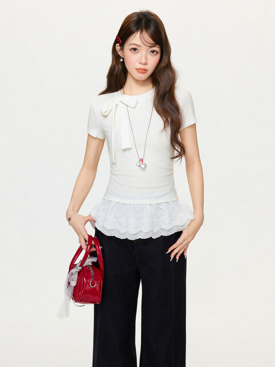 2026 Spring Korean "Sweet & Spicy" Bow Top: Lace Skirt Hem Slim-Fit Inner T-Shirt