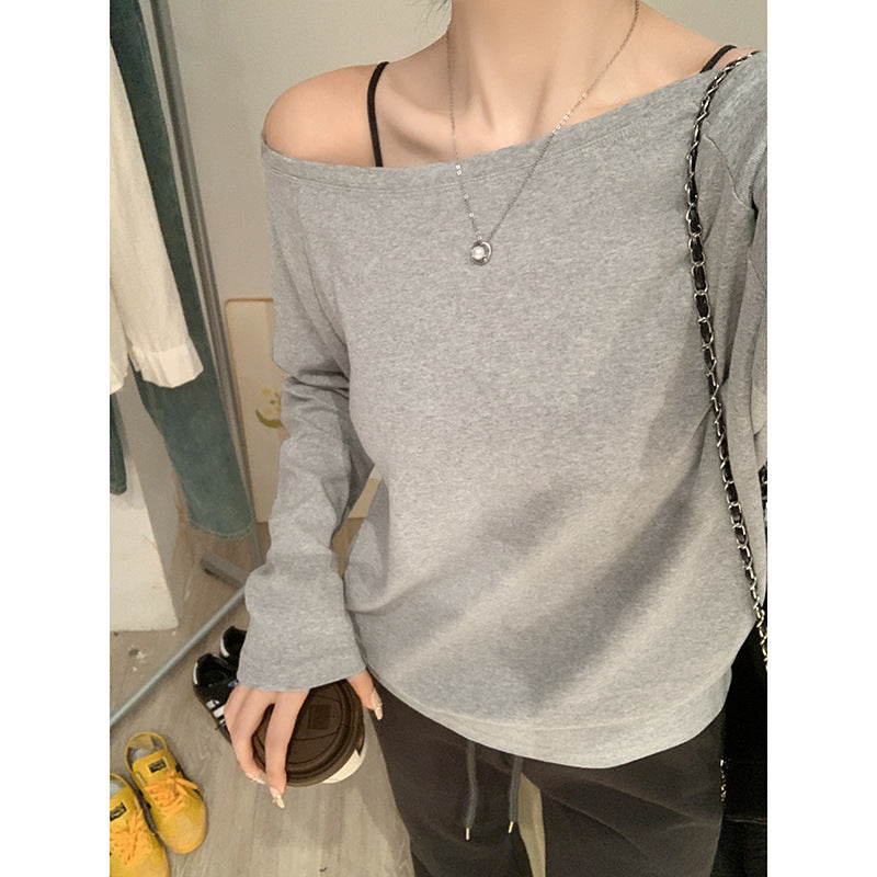 2026 Early Autumn "Grey Relaxation" Top: Off-Shoulder Loose Sexy "Hot Girl" Long-Sleeve T-Shirt
