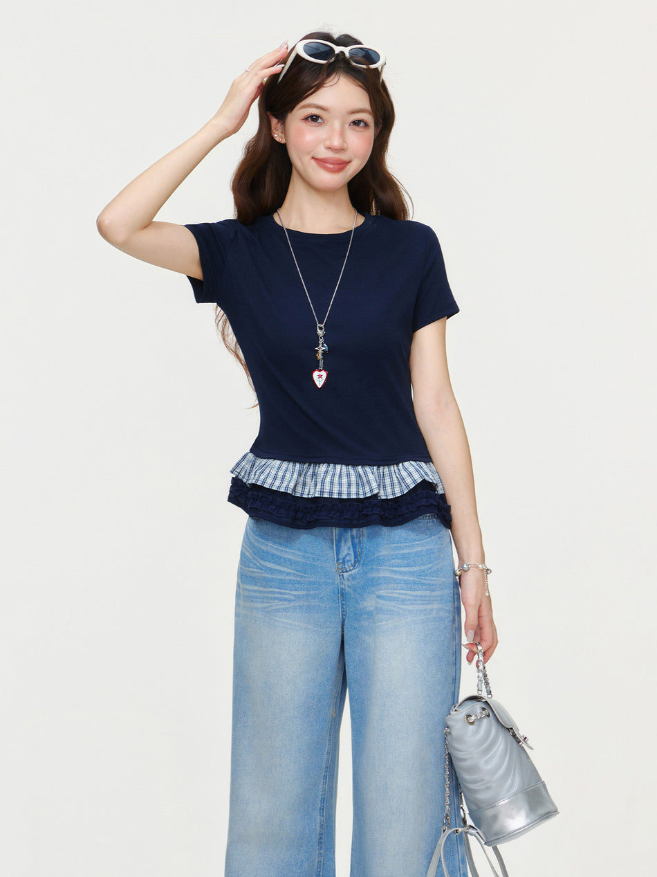 2026 Summer "High-Grade" Plaid Hem Top: Round Neck Waist-Tight "Wooden Ear" Slimming Tee