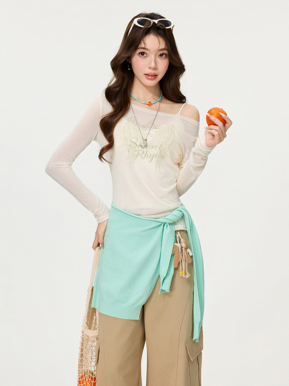 2026 Spring Korean "Wings" Top: Oblique Collar Letter Print Off-Shoulder Slimming Long-Sleeve T-Shirt