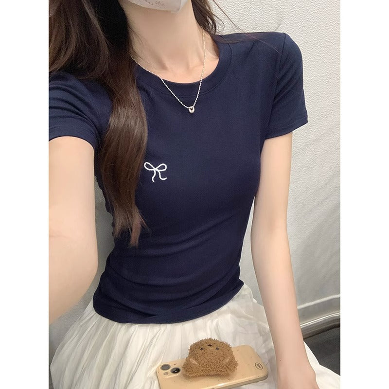 2026 Summer "Spice Girl" Embroidery Top: Bow Round Neck Slim-Fit Short-Sleeve Base Shirt