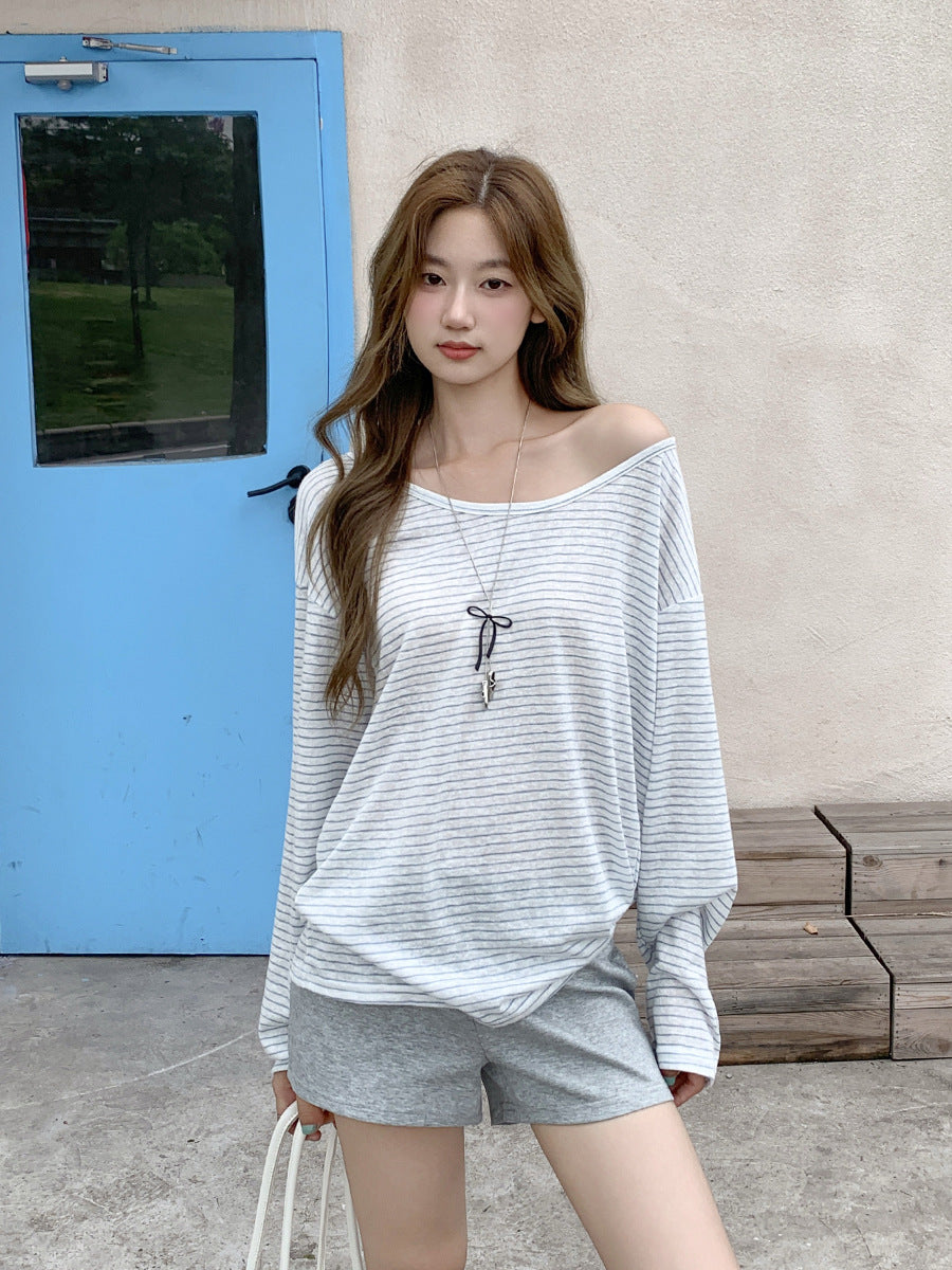 2026 Summer Korean "Lazy Style" Striped Top: U-Neck Sun Protection Long-Sleeve Niche Blouse