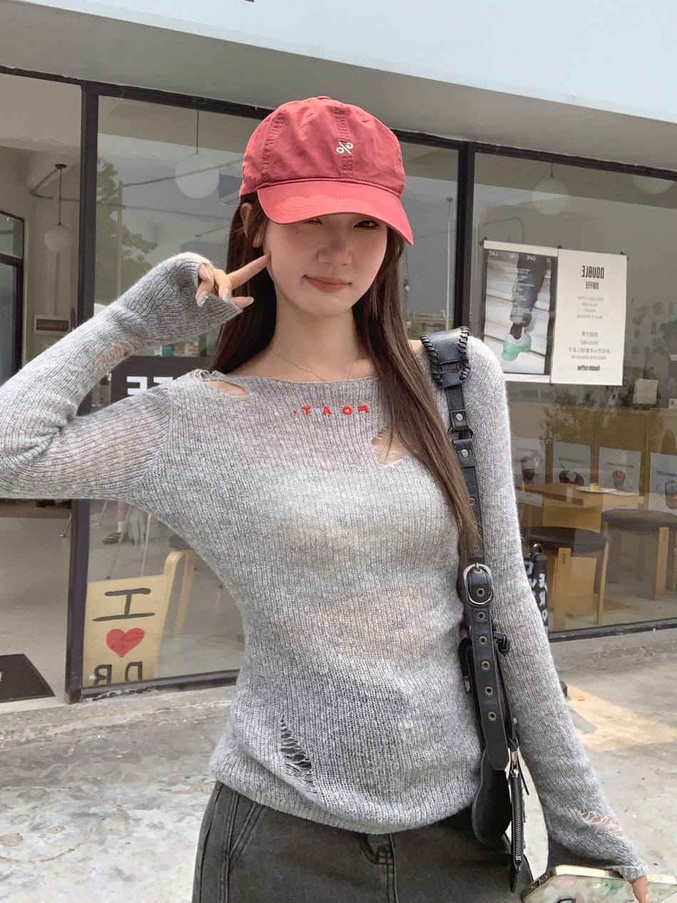 2026 Early Autumn "Pure Lust" Knitwear: Letter Embroidery Cut-Out Sun Protection Top