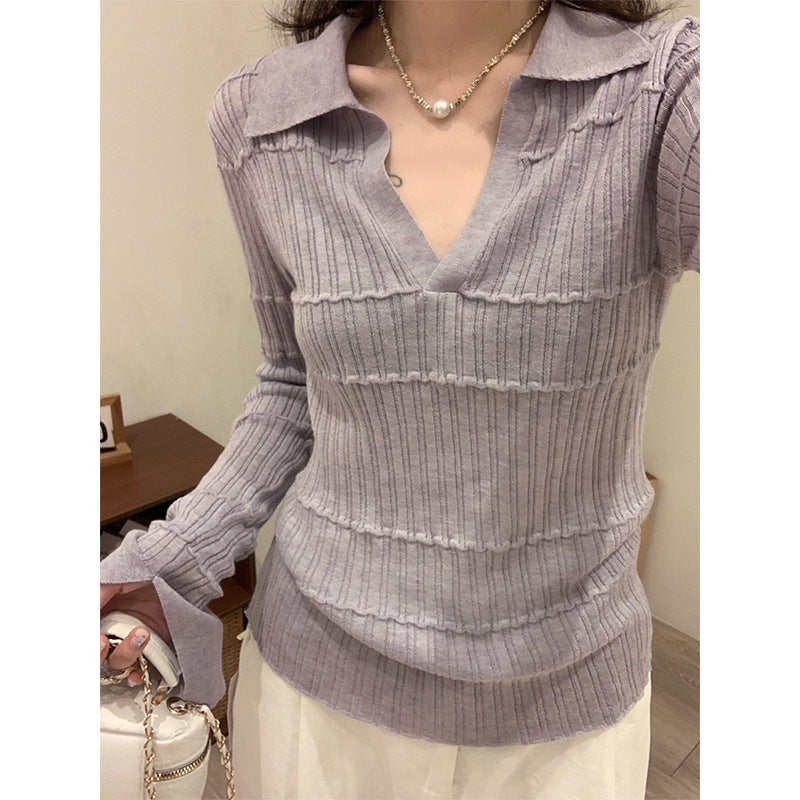 2026 Early Autumn "Vintage Purple" Polo T-Shirt: Chic Lapel Knitted Base Shirt & Age-Reducing Slim Top