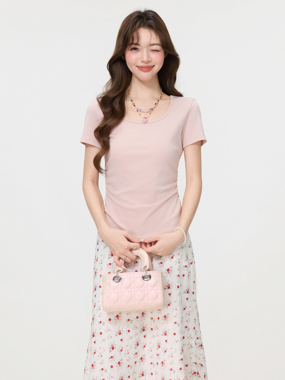 2026 Summer "Pink Sweetheart" T-Shirt: U-Neck Pleated Tight-Waist Slimming Short-Sleeve Top