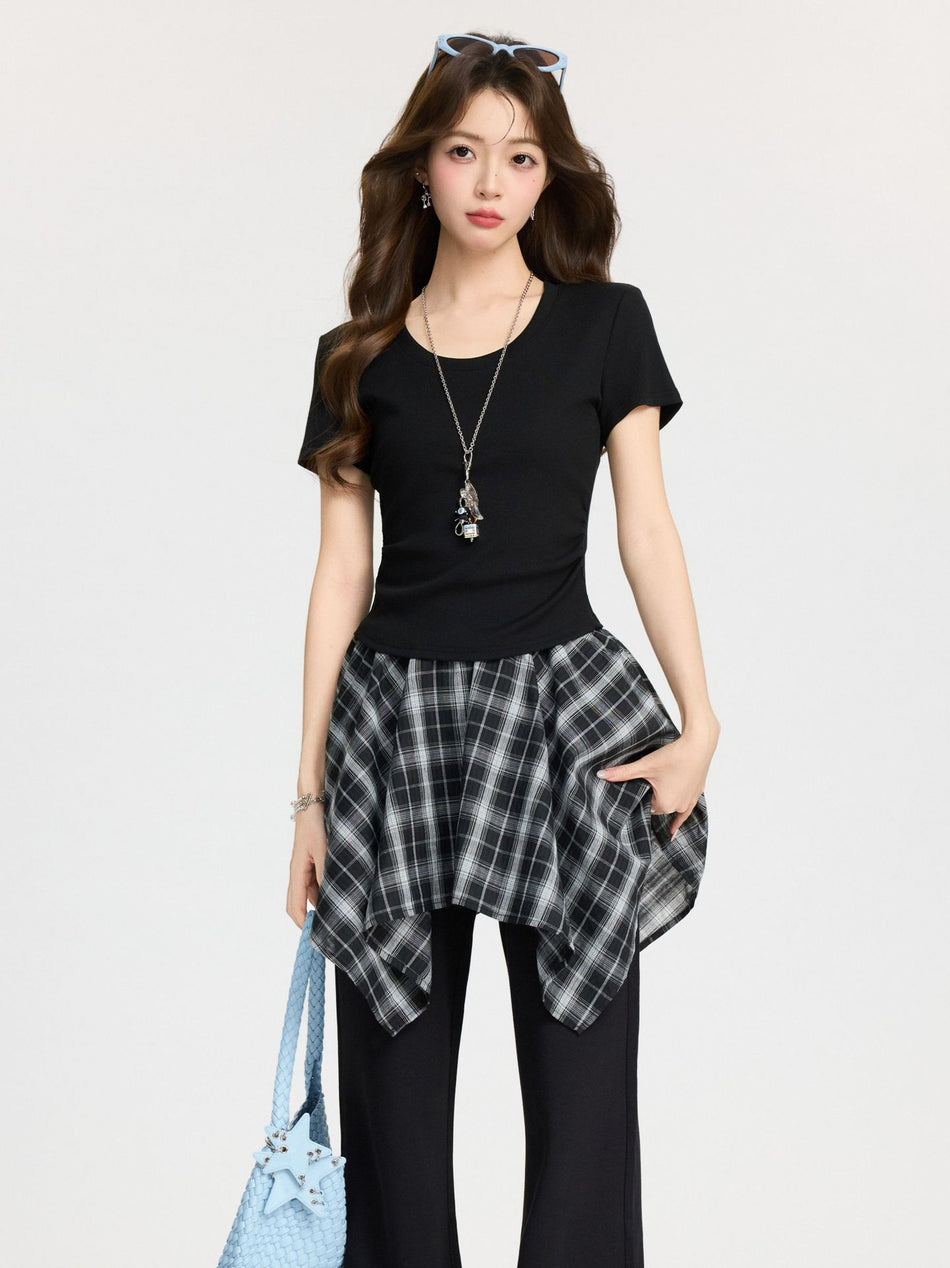 2026 Summer "Midnight Chic" Black T-Shirt: Korean Style U-Collar Pleated Tight-Waist Slimming Small Top
