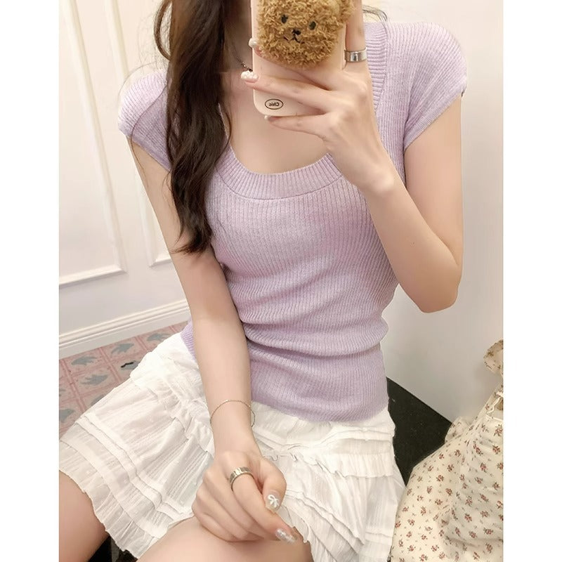 2026 Summer "Dopamine White" T-Shirt: U-Collar Pure Desire Thin Knit Slim-Fit Short-Sleeve Bottoming Shirt