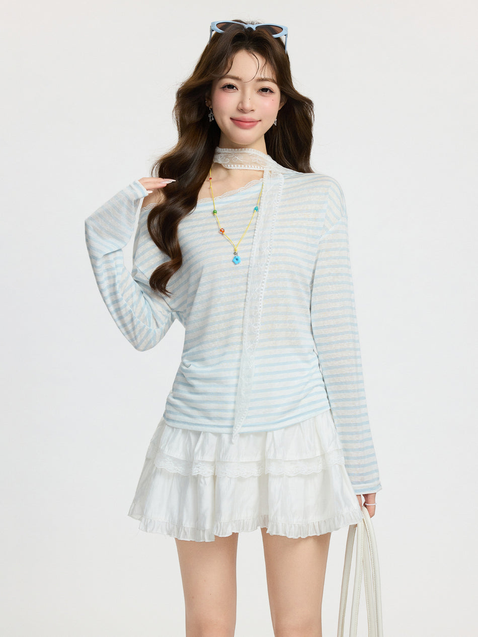 2026 Spring Lazy Striped Off-Shoulder T-Shirt: Lace-Edge Loose Slimming Long-Sleeve Blouse