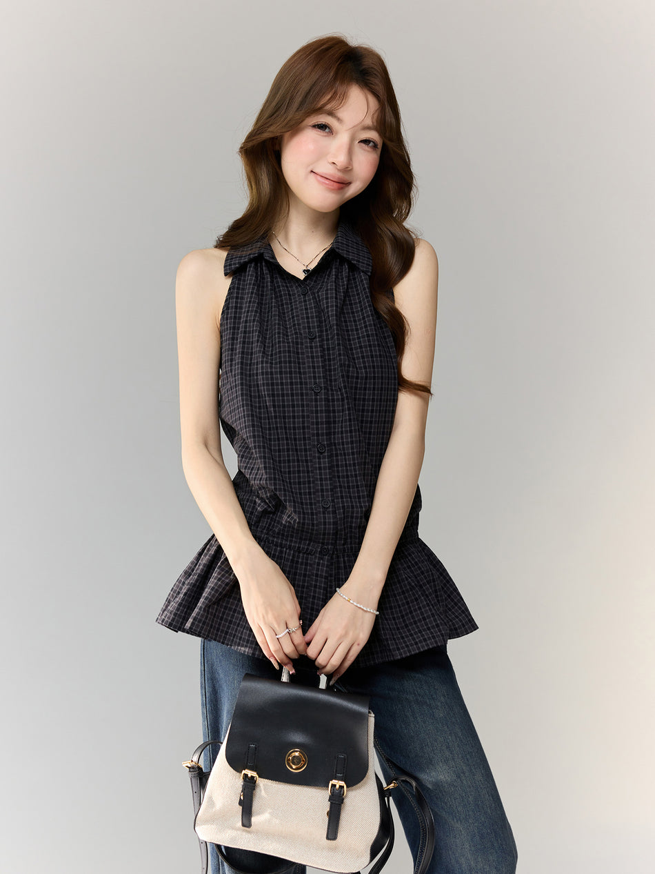 2026 Summer Preppy Style Polo T-Shirt Vest: Plaid Ruffled Hem Sleeveless Slimming Temperament Top