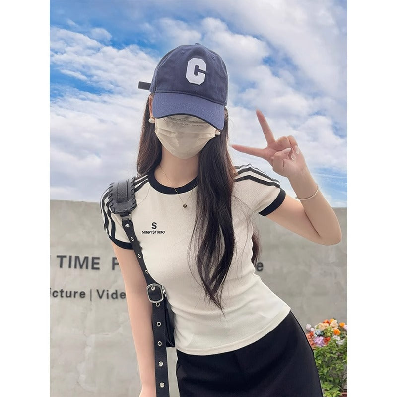 2026 Summer BM Hot Girl White T-Shirt: Three-Shoulder Color-Stitch Round Neck Slimming Embroidered Short Top