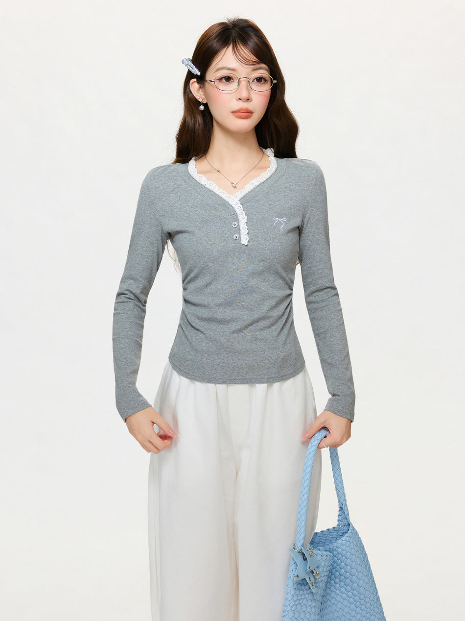 2026 Spring Korean Style Lace-Edge T-Shirt: Half-Open Collar Bowknot Embroidered Slim-Fit Long-Sleeve Inner Base Shirt