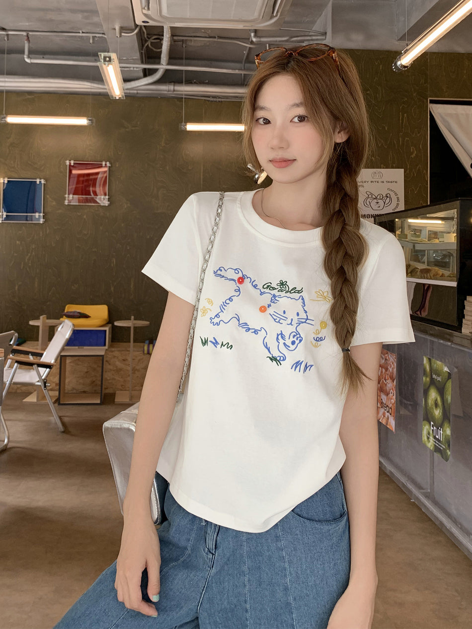 2026 Summer Korean Style Cute Cat T-Shirt: Loose Fit Slimming Embroidery Design Lazy Top