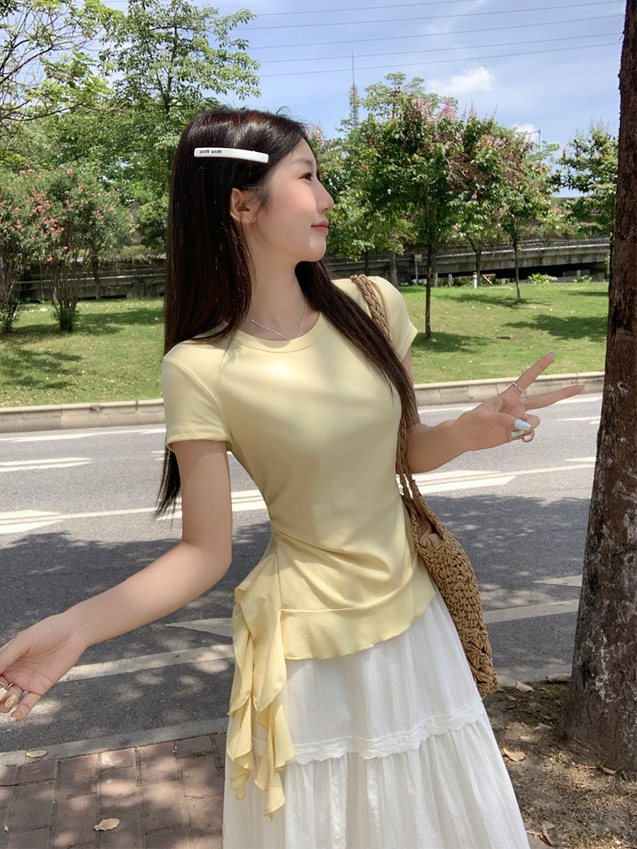 2026 Summer Creamy Yellow Round Neck T-Shirt: Asymmetrical Hem Ruffled Slim-Fit Short-Sleeve Top