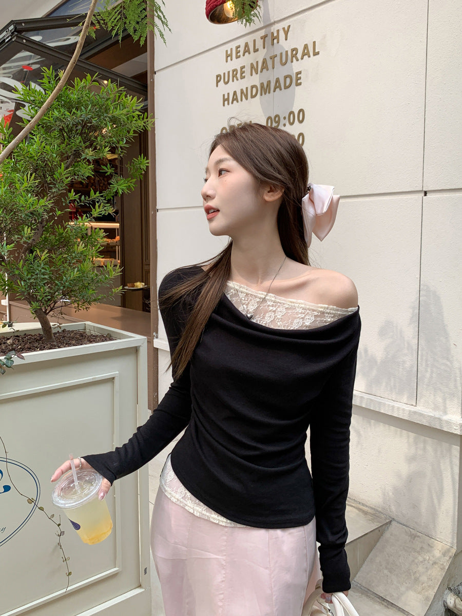2026 Spring Korean Style Fake Two-Piece T-Shirt: Lace One-Shoulder Design Slim-Fit Long-Sleeve Top