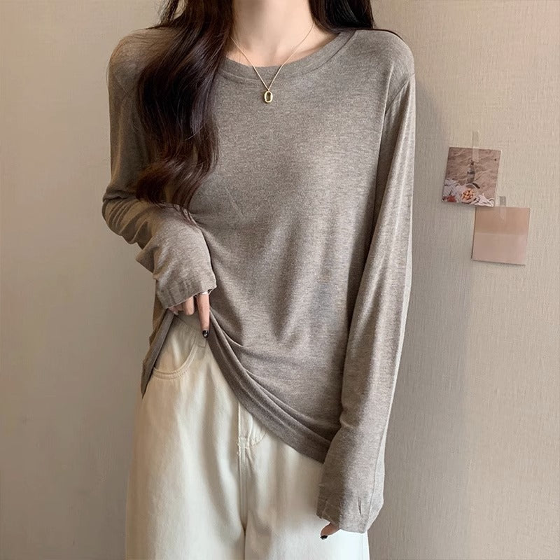 2026 Spring/Autumn Solid Color Base Shirt: Simple Long-Sleeve Loose and Slimming T-Shirt