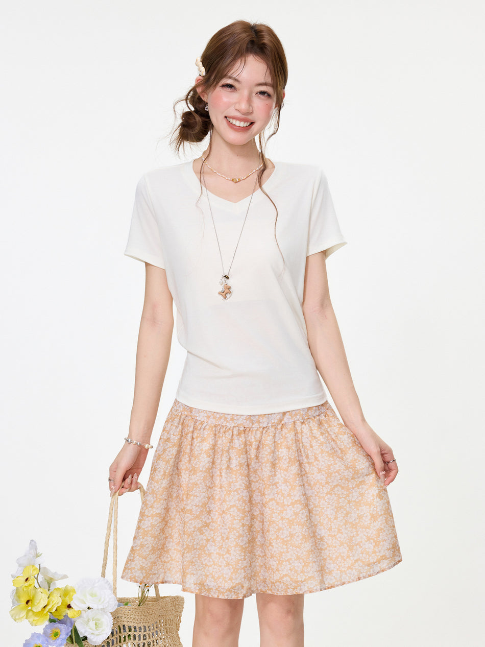 Beige V-Neck Loose Slim Summer T-Shirt for Women