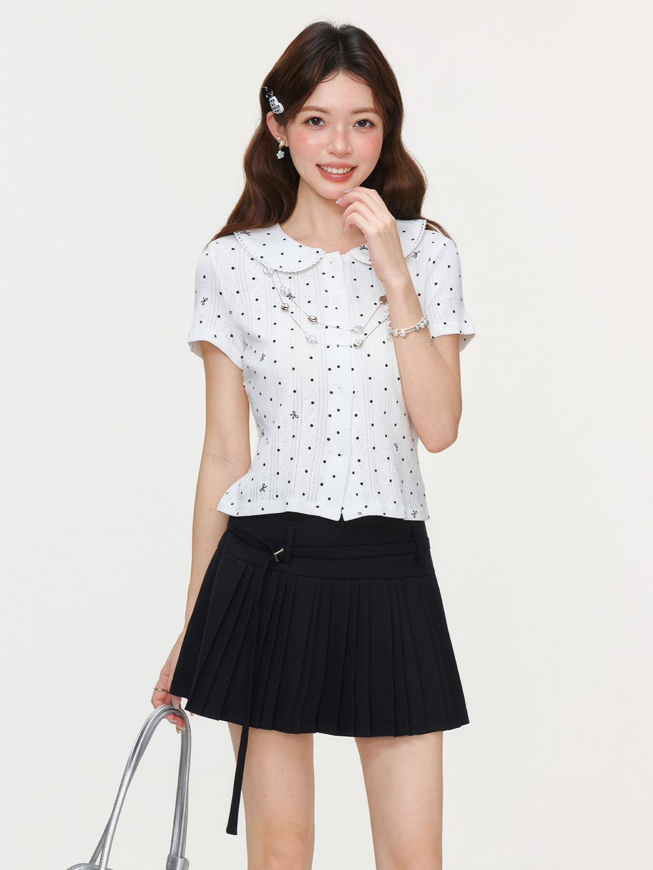 White Polka Dot Doll Collar Lace Hem Slim Top