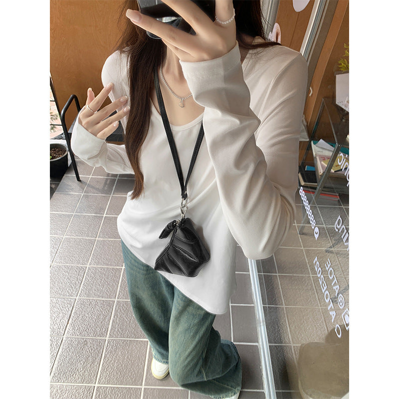 White U-Neck Draped Slim Autumn Women’s Top