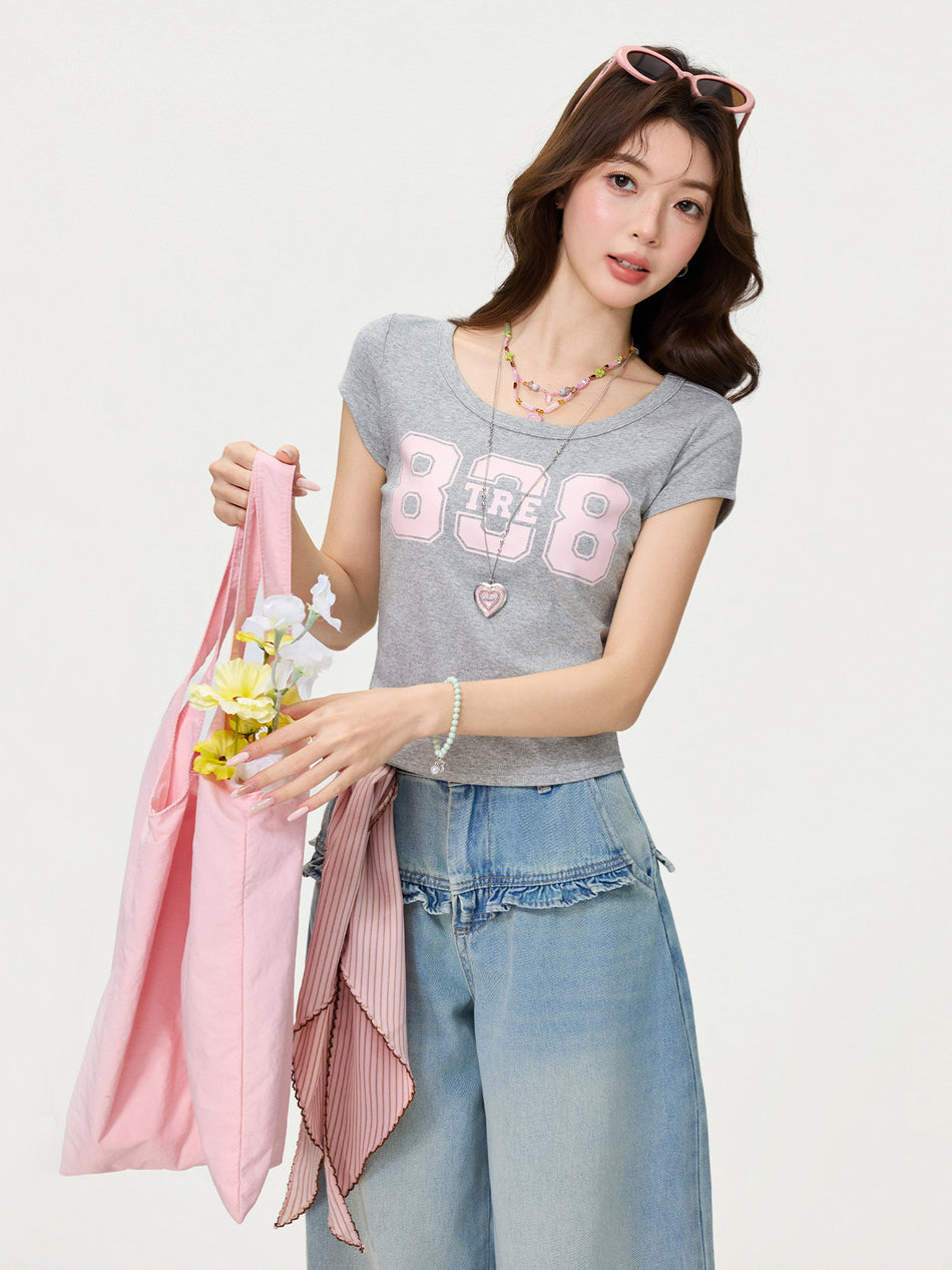 Gray Floral Round Neck Slim Summer Women Top