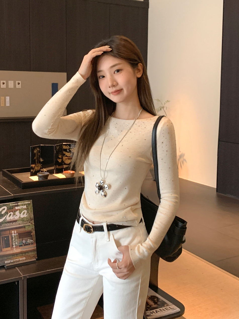 French Rhinestone Slim Knit Autumn Women Top