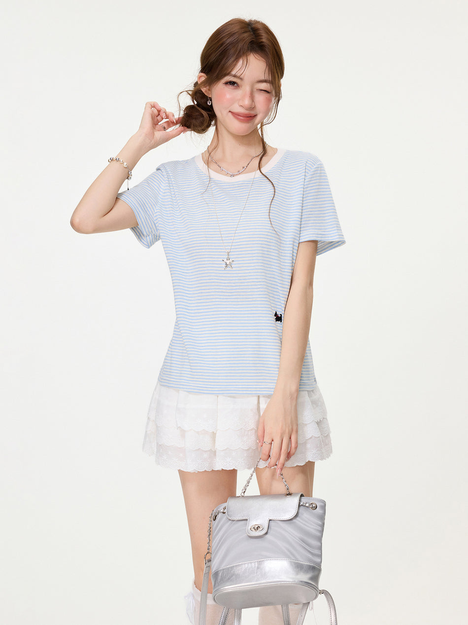 Blue Striped Puppy Embroidered Summer T-Shirt