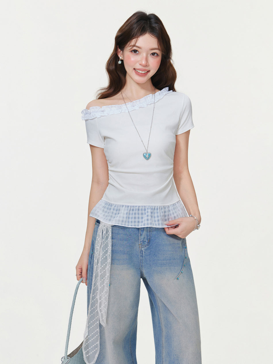 White Lace Collar Off-Shoulder Slim T-Shirt Women