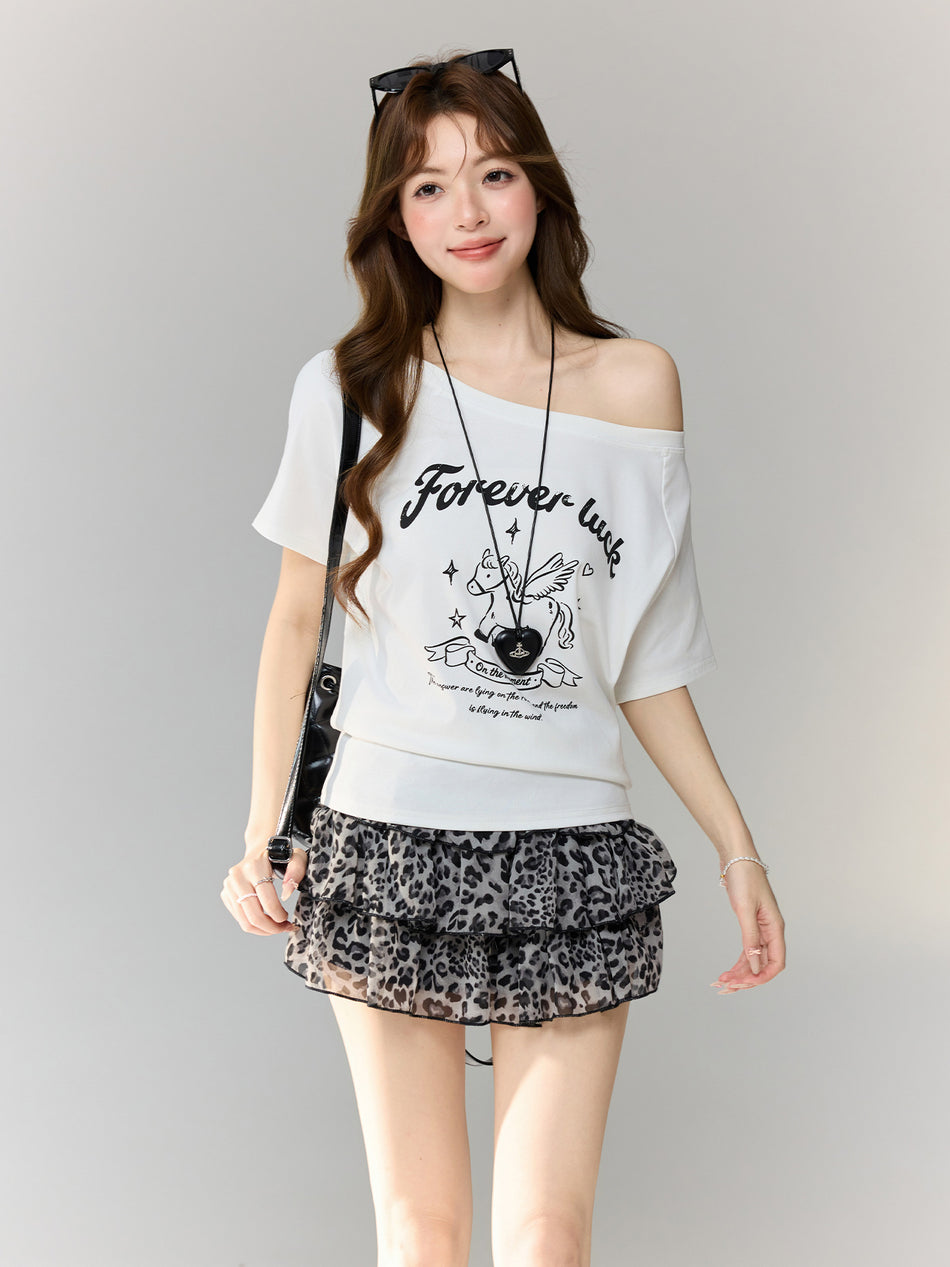 Animal Print Off-Shoulder Summer Women T-Shirt