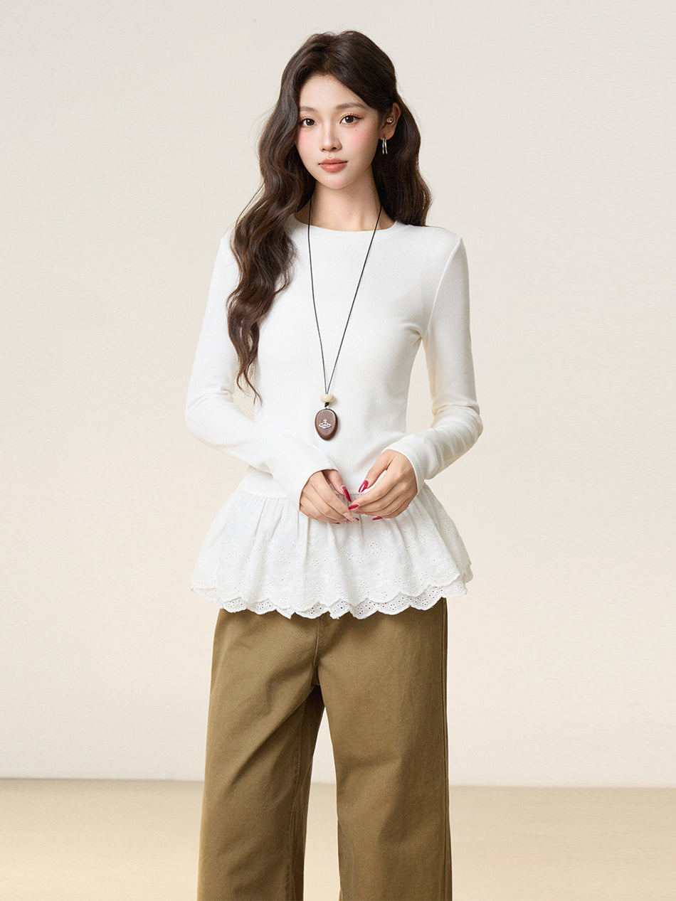 White Lace Hem Winter Slim Women T-Shirt