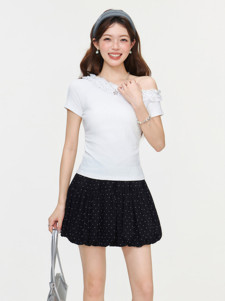 White Polka Dot Off-Shoulder Women T-Shirt Summer
