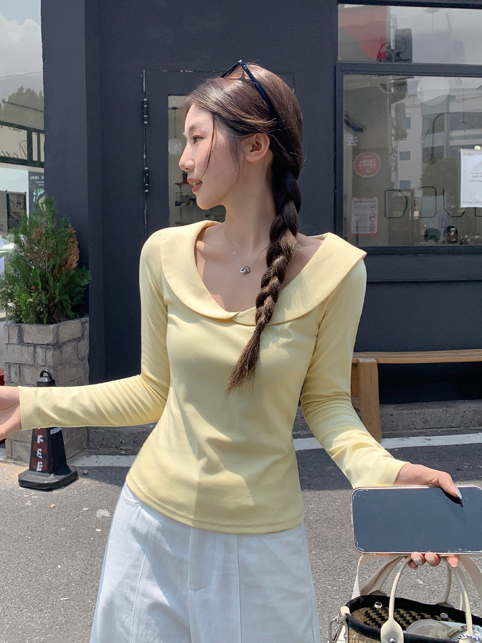 Doll Collar Slim Fit Women Long Sleeve T-Shirt Autumn