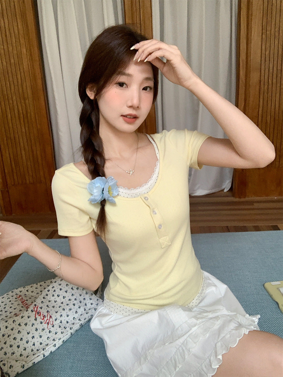 Cream Yellow Floral Two-Piece Women T-Shirt Summer