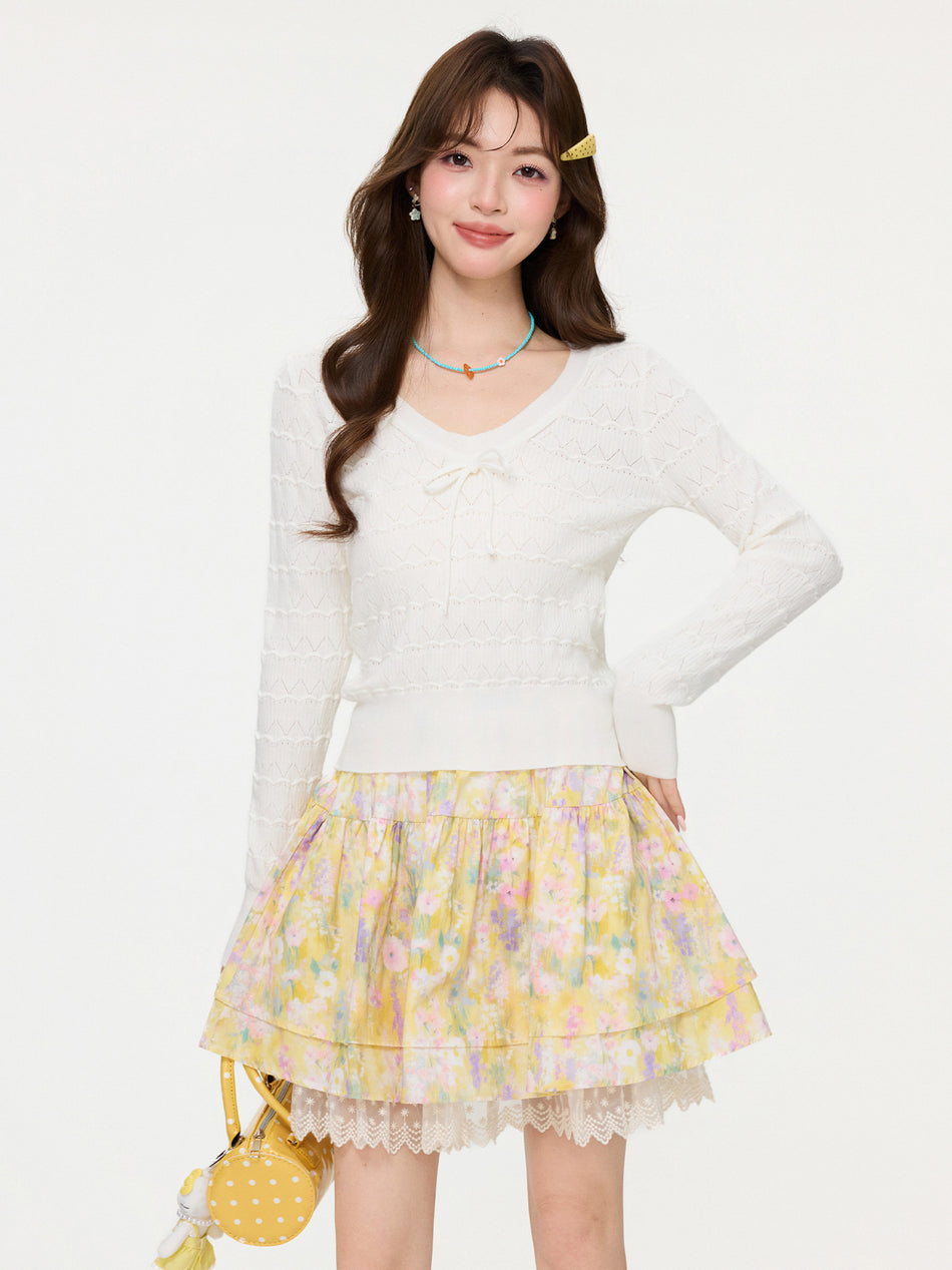 White Bow V-Neck Knit Hollow Women T-Shirt Spring