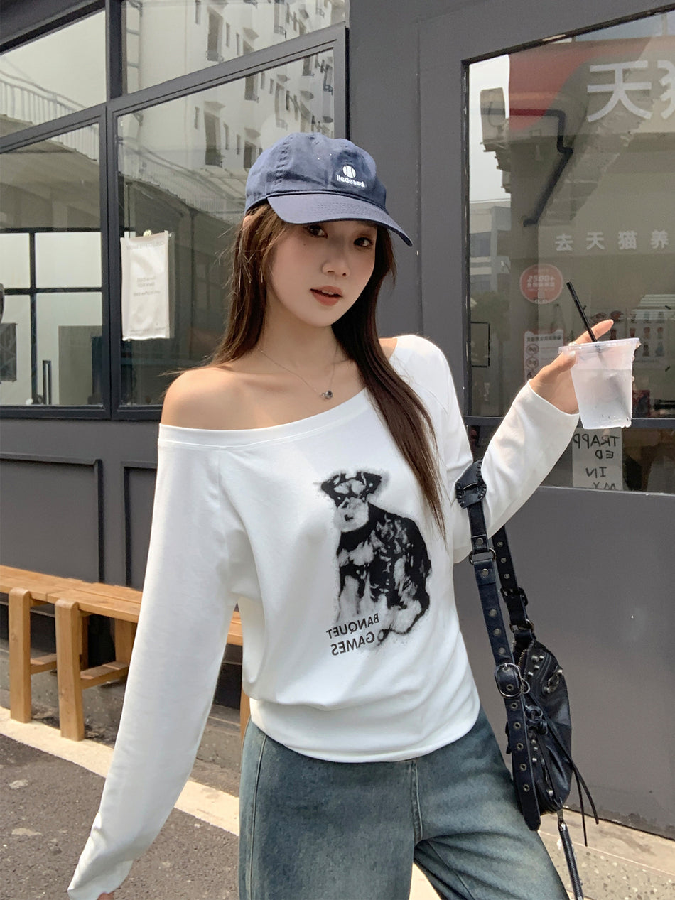 White Dog Print Off-Shoulder Women T-Shirt 2026