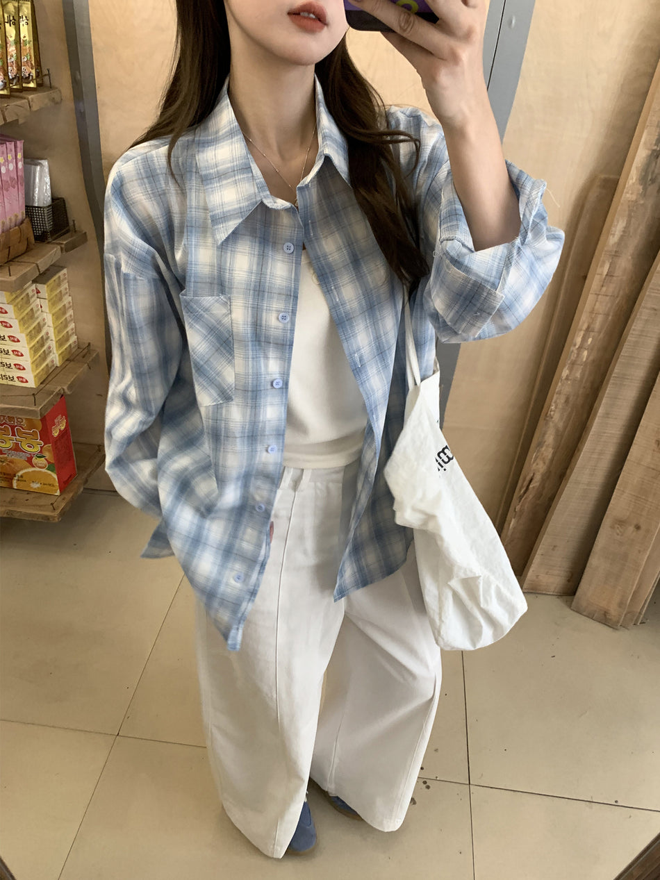 Blue Plaid Polo Collar Women Shirt 2026 Autumn