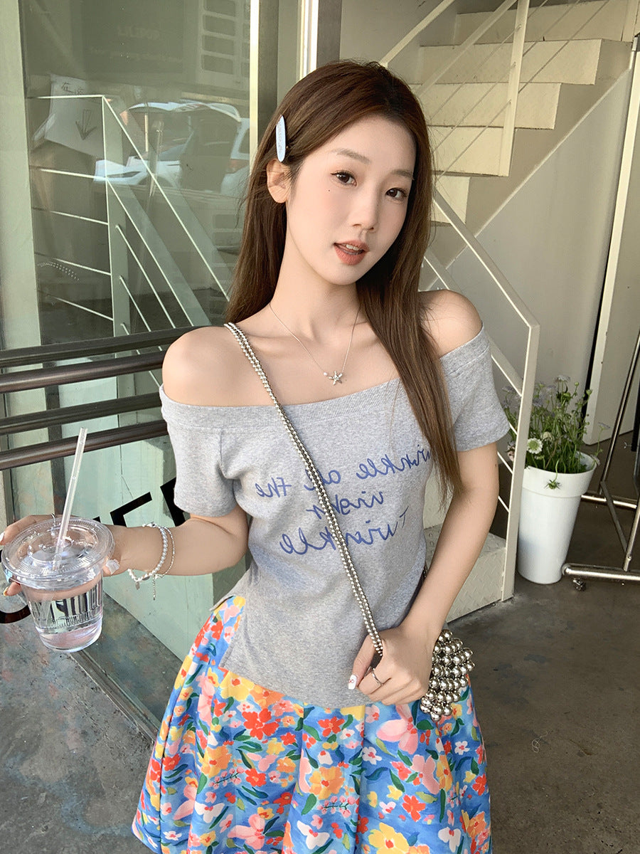 Gray Flower Off-Shoulder Women T-Shirt Summer 2026