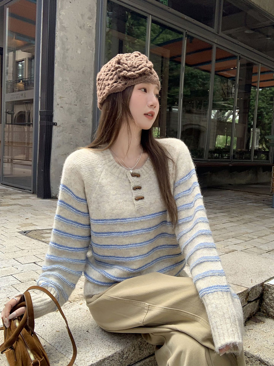 Beige Striped Knit Collar Women Top 2026 Autumn