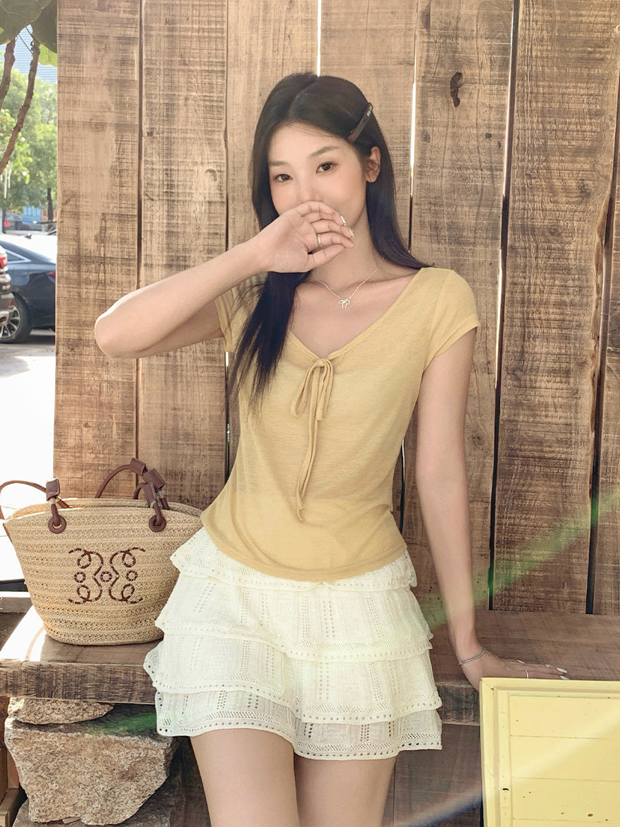 Yellow V-Neck Slim Women T-Shirt Summer 2026