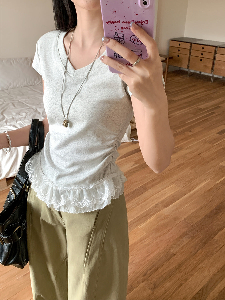White Lace Trim V-Neck Women T-Shirt Summer 2026