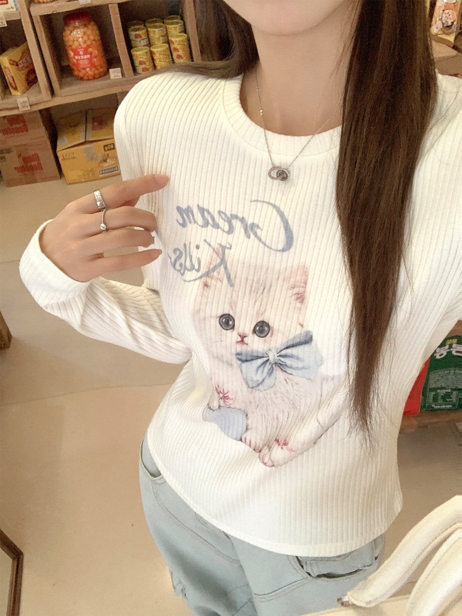 Cat Print White Slim Fit Women Autumn Top