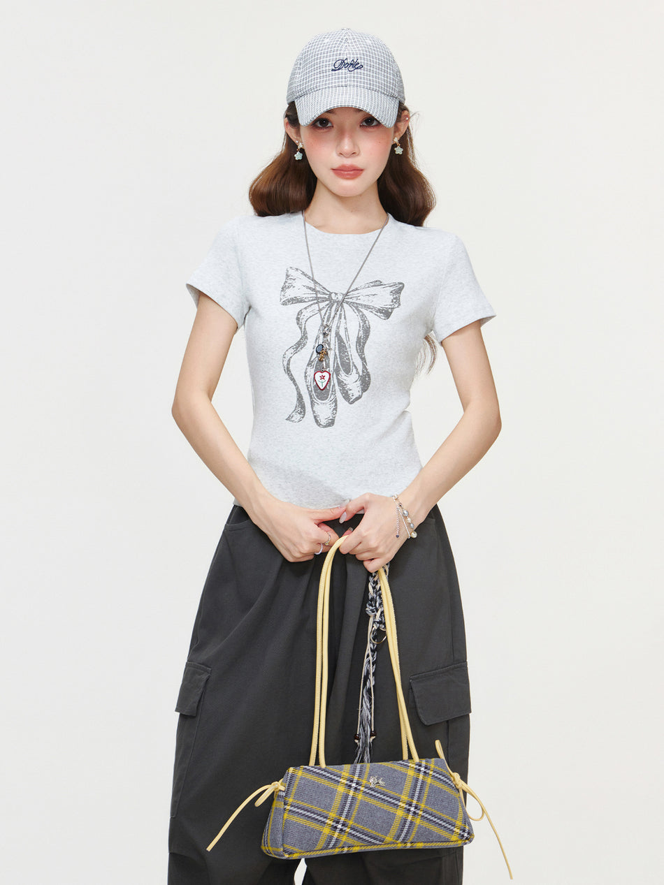 Gray Bow Print Slim Fit Short Sleeve T-Shirt Women