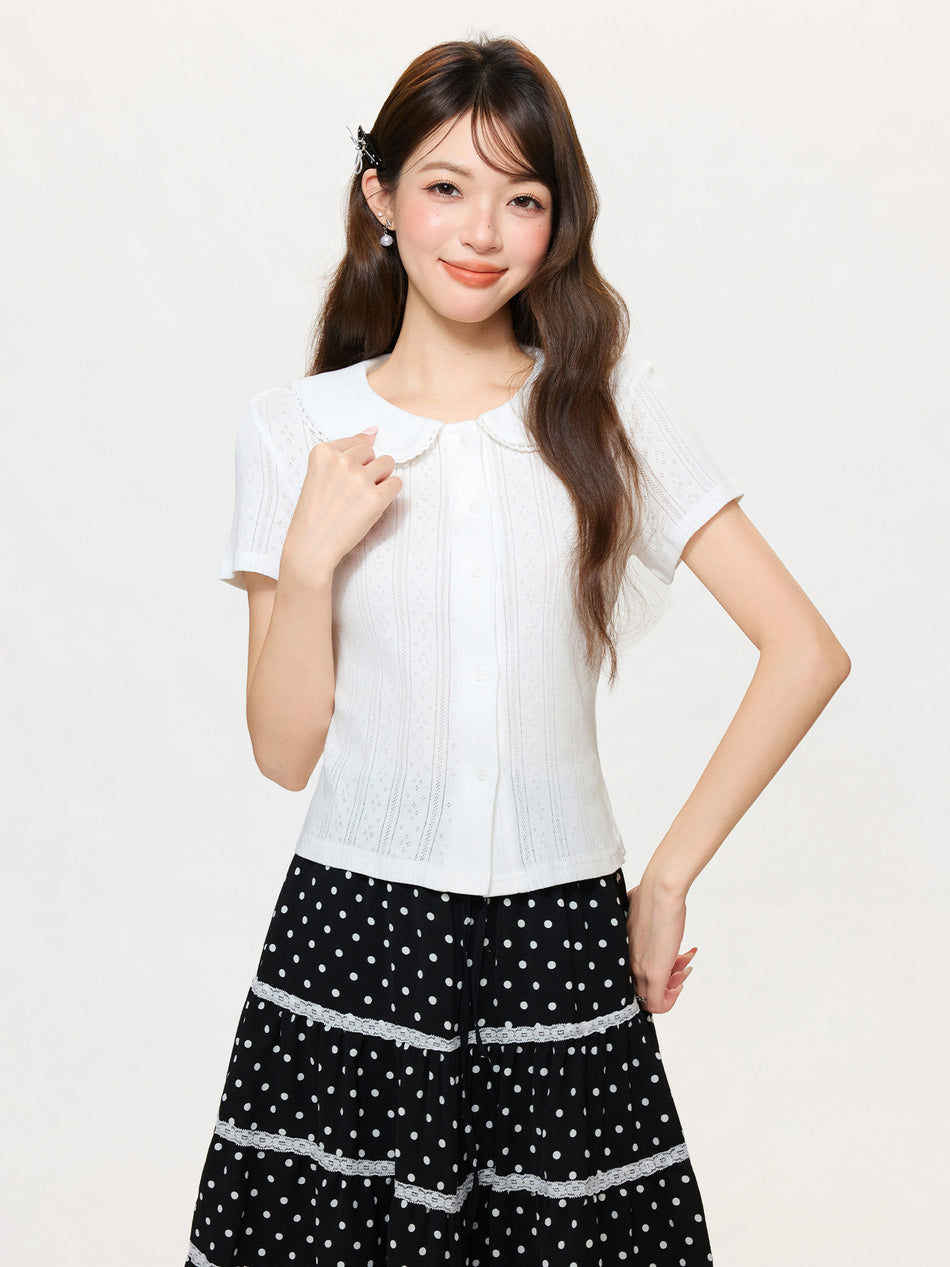 Beige Doll Collar Slim Fit Short Sleeve T-Shirt Women